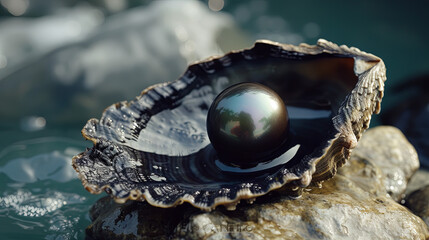 Black pearl in a beautiful shell on the ocean shore on a gray background