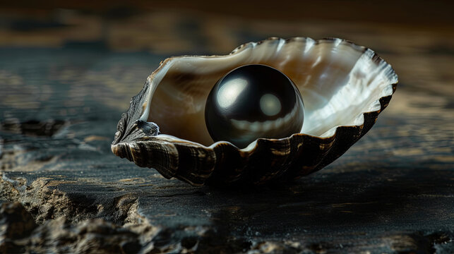 Black pearl in a beautiful shell on the ocean shore against the blue sea