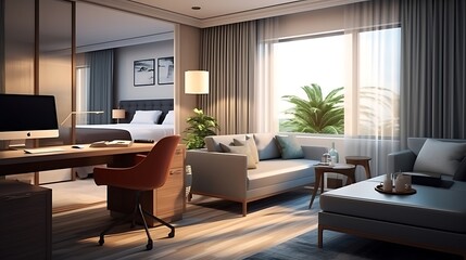 A contemporary hotel suite with a comfortable seating area and a work desk