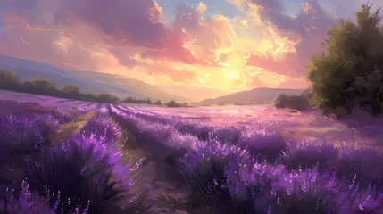 Rolgordijnen Very beautiful lavender field at dawn © Taisiia