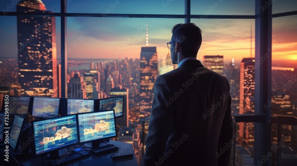 Poster a man in a suit looking out at a cityscape with multiple monitors. generative ai.