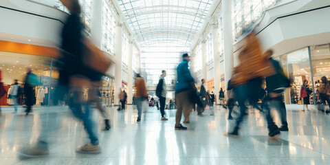 blurred people walking in busy shopping mall, time-lapse shot - obrazy, fototapety, plakaty