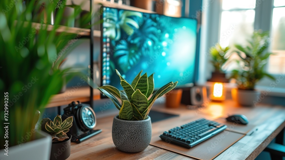 Poster a tranquil work setup with a desktop computer surrounded by an array of lush indoor plants, promotin