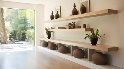 A contemporary hallway with floating shelves concealing storage baskets - obrazy, fototapety, plakaty