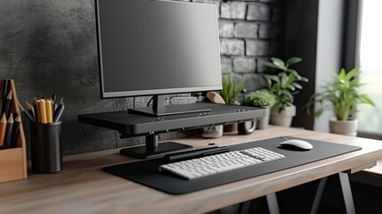 A modern home office showcasing a monochrome theme with a stylish computer setup, complemented by minimalistic plant decor.
