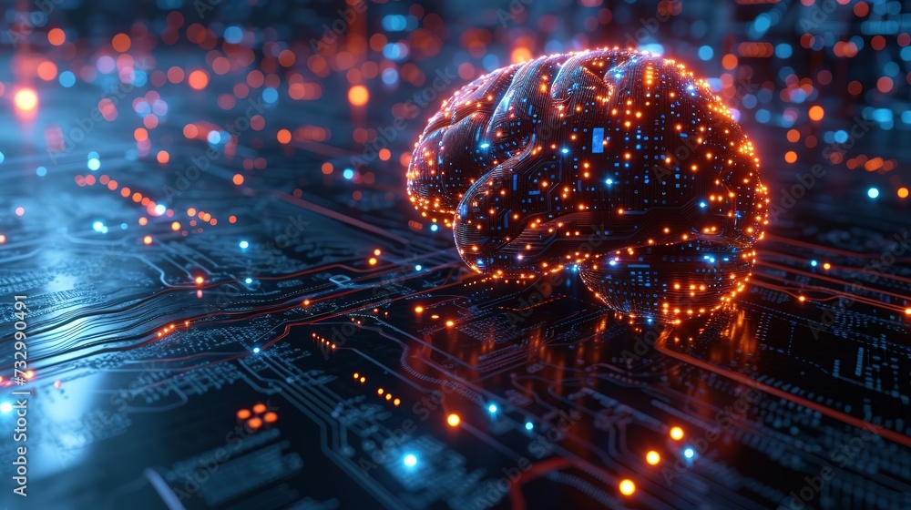 Poster an illuminated artificial intelligence brain structure on a circuit board, depicting concepts of mac