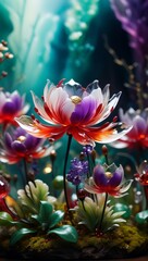 This digital artwork showcases a collection of colorful, whimsical flowers with radiant sparkling dewdrops on an ethereal, blurred background.