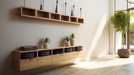 A contemporary hallway with floating shelves concealing storage baskets - obrazy, fototapety, plakaty