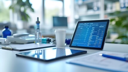 Modern medical laboratory workspace with a tablet displaying healthcare data analytics, surrounded by clinical equipment.