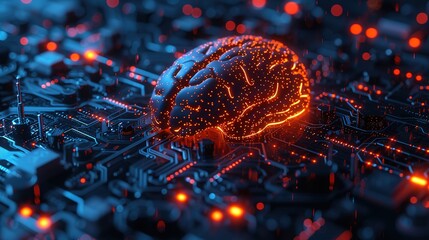 Digital illustration of a glowing brain on a circuit board representing artificial intelligence and machine learning concepts.