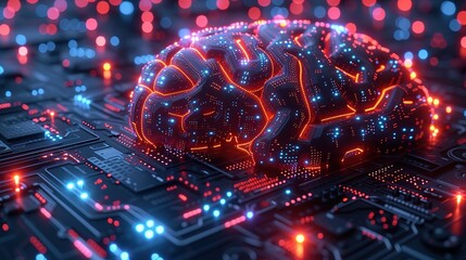 Close-up of a digitally enhanced brain on an electronic circuit board, symbolizing advanced artificial intelligence technology.