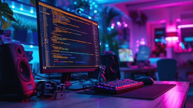 A programmer's workspace bathed in neon lights, featuring a computer monitor with coding software, speakers, and a mechanical keyboard.