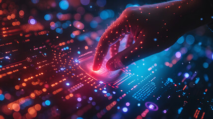 A hand is reaching over a digital interface with glowing blue and orange lights. The background is a dark blur with glowing orange lights.