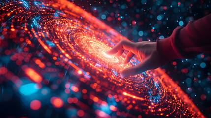 A hand is reaching over a digital interface with glowing blue and orange lights. The background is a dark blur with glowing orange lights.