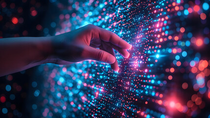 A hand is reaching over a digital interface with glowing blue and orange lights. The background is a dark blur with glowing orange lights.