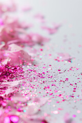 pink confetti on white valentine day background. pink sparkle, glitter dust. Abstract design card, greeting, holiday celebrate. Shine trail tail magic comet