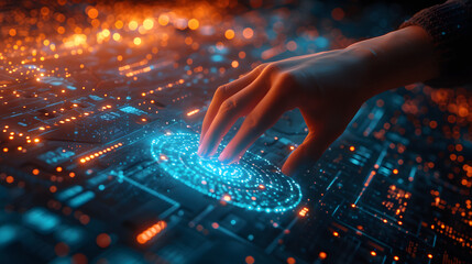 A hand is reaching over a digital interface with glowing blue and orange lights. The background is a dark blur with glowing orange lights.