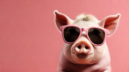 Pig stylish wearing sunglasses poses against a vibrant pink background. Creative animal concept banner