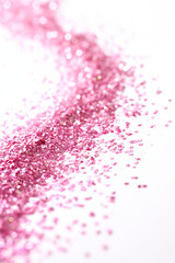 pink confetti on white valentine day background. pink sparkle, glitter dust. Abstract design card, greeting, holiday celebrate. Shine trail tail magic comet