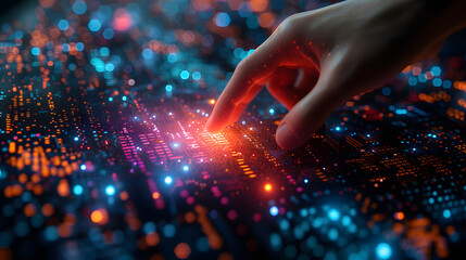 A hand is reaching over a digital interface with glowing blue and orange lights. The background is a dark blur with glowing orange lights.