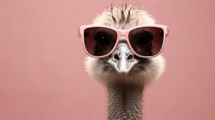 Ostrich stylish wearing sunglasses poses against a vibrant pink background. Creative animal concept banner