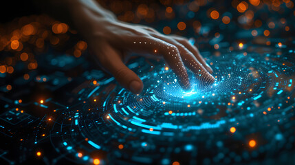 A hand is reaching over a digital interface with glowing blue and orange lights. The background is a dark blur with glowing orange lights.