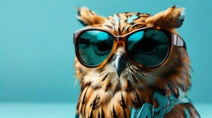 Owl stylish wearing sunglasses poses against a vibrant blue background. Creative animal concept banner