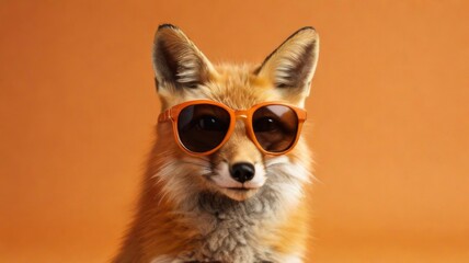 Fox stylish wearing sunglasses poses against a vibrant orange background. Creative animal concept banner