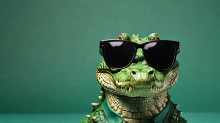 Crocodile stylish wearing sunglasses poses against a vibrant green background. Creative animal concept banner