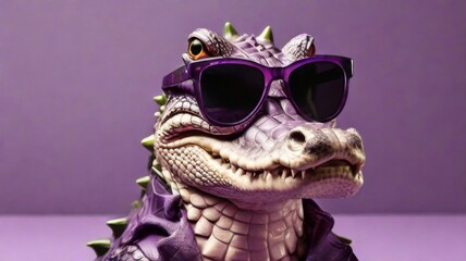 Crocodile stylish wearing sunglasses poses against a vibrant purple background. Creative animal concept banner