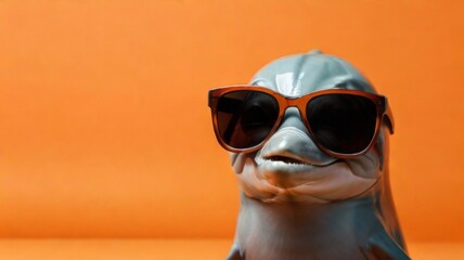 Dolphin stylish wearing sunglasses poses against a vibrant orange background. Creative animal concept banner