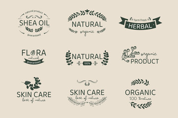 Set of vintage labels and badges for beauty, natural and organic products, cosmetics, spa and wellness, fashion. Vector illustrations for graphic and web design, marketing material, product promotions
