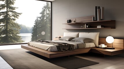 A contemporary bedroom with a platform bed featuring side drawer storage - obrazy, fototapety, plakaty
