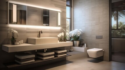 Fototapeta na wymiar A contemporary bathroom with a floating vanity and a mosaic-tiled accent wall