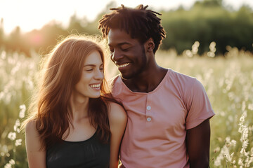 young adult heterosexual diverse couple in beautiful summer nature. Neural network generated image. Not based on any actual scene or pattern.