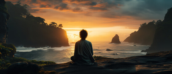 a man sitting on a rock overlooking the ocean at sunset - Powered by Adobe