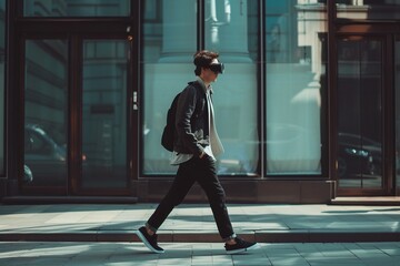 Obraz premium Young guy in virtual reality glasses walking on street