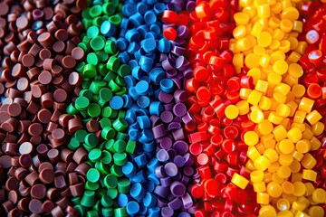 Dyed synthetic polymer resins granulates. Recycled plastic granules with mixed colors - obrazy, fototapety, plakaty