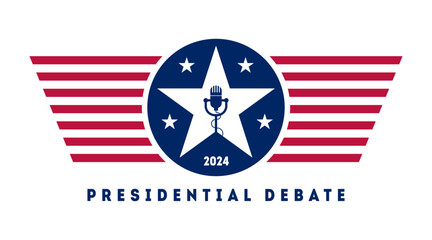 Presidential debate on the eve of the US presidential election. A stylized microphone inside a star. 2024. - obrazy, fototapety, plakaty
