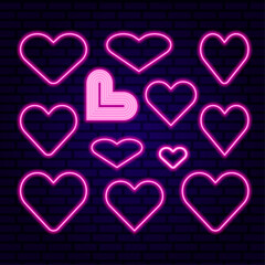 glowing neon pink hearts for design and decoration on brick wall vector illustration