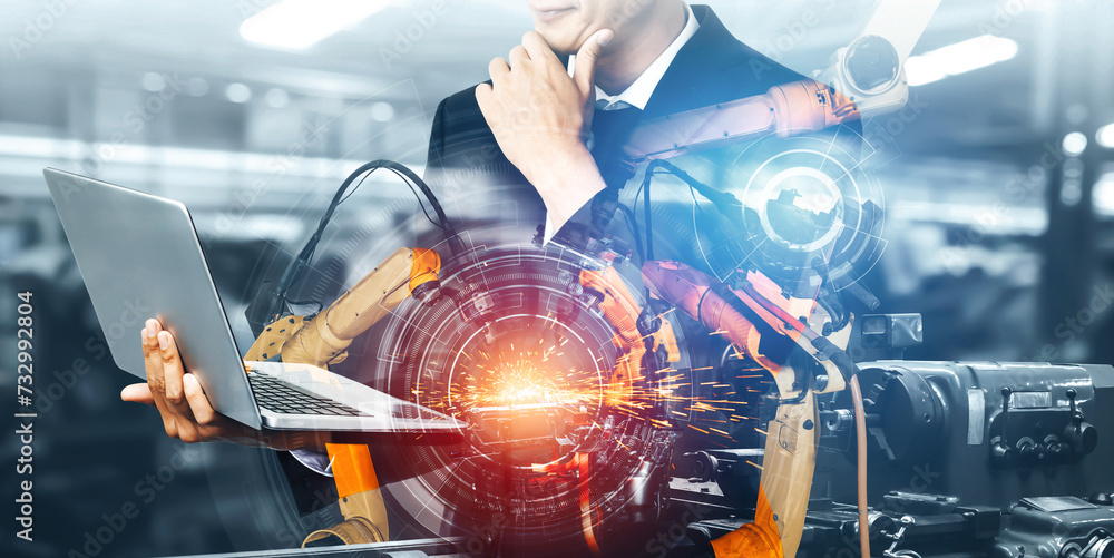 Poster xai mechanized industry robot arm and factory worker double exposure. concept of robotics technology