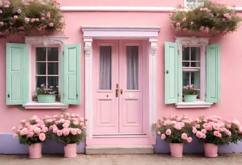 Fototapeta na wymiar a small pink house with green shutters.