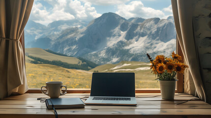 Working from the resort with mountain view at window, workcation, Autumn travel