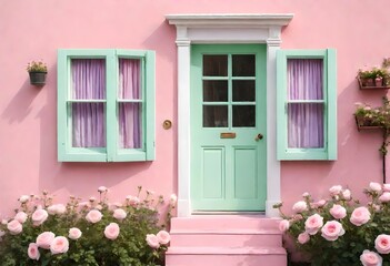 Pink house with green door and windows
