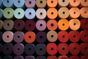 Yoga Mats: Close-ups of neatly rolled yoga mats.