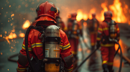 Fototapeta premium Brave Firefighters in Action Battling a Raging Inferno