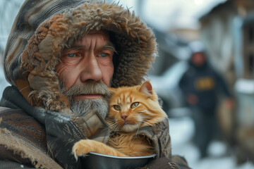 A homeless man and his stray cat