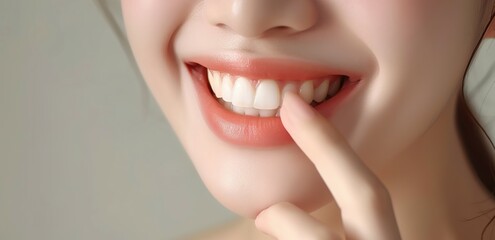 Obraz premium Close up of mouth of happy woman touching the corners of her mouth, Woman smiling while touching her flawless glowy skin with copy space for your advertisement, skincare.