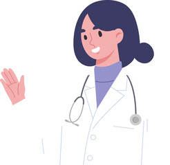 Young female doctor raises her hand up to point the way