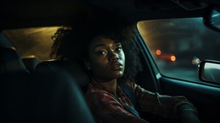 Fototapeta na wymiar A tense, stressed black woman is driving her car in the evening.